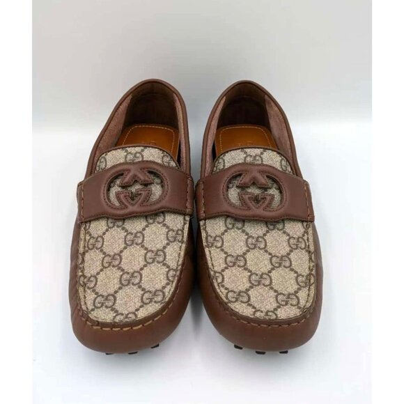 Gucci Men’s Interlocking G Supreme Driver Calfskin Loafers Brown Sugar UK7.5 730 - Picture 2 of 14